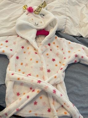 Unicorn Hooded Baby Robe with Star Pattern - White, Pink & Orange